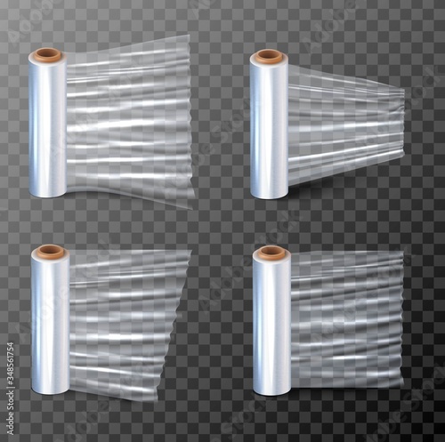 3d realistic vector illustration of a cling paper for packaging in four different view. Isolated on transparent background.