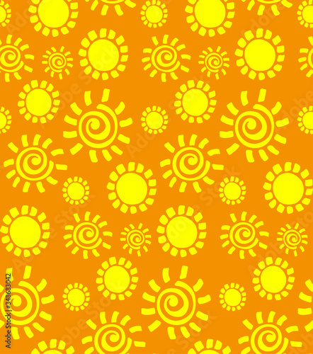 Seamless pattern with hand drawn doodle suns on yellow background. Vector illustration for textile and fabric, cover, print on clothes.