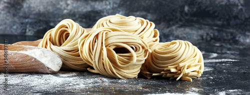 Closeup of raw homemade pasta. fresh italian traditional raw fresh pasta