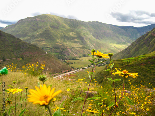 Panoramic view at Sacred Valley of Incas as seen from the hill at Pisaq near Cusco in Peru
