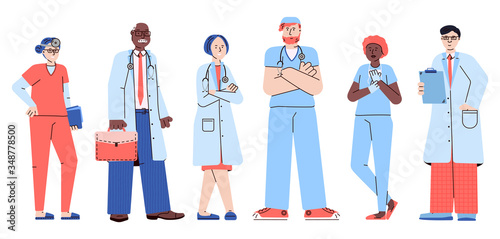 Cartoon doctor team in medical uniform, healthcare worker set