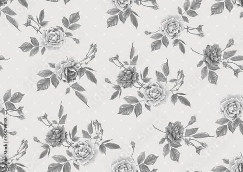 Seamless pattern with roses flowers. Vector illustration in monochrome gray colors