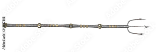 metallic long trident on an isolated white background. 3d illustration