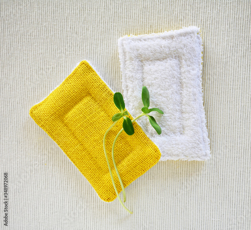 Reusable zero waste washable biodegradable kitchen dish sponges, close-up view