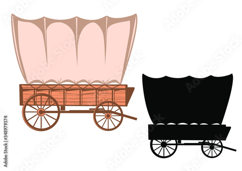 Wild west covered wagon black silhouette. Vector Western color illustration isolated on white 