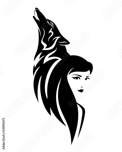 beautiful woman with long hair and howling wolf head - black and white vector portrait design