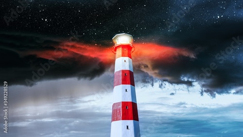 Lighthouse at night . Beautiful night starry sky 
