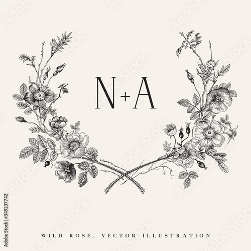 Wreath with wild roses. Wedding frame. Vector floral illustration. Black and white