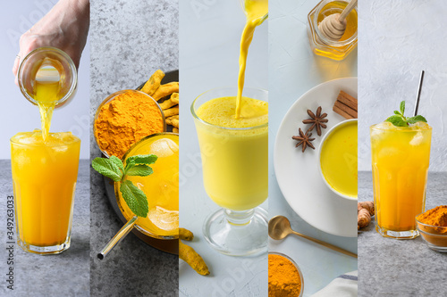 Collage of Indian golden turmeric milk and iced beverage with curcuma on light.