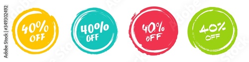 Set of grunge sticker with 40 percent off in a flat design. For sale, promotion, advertising