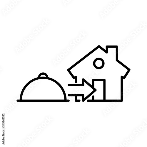 Servicio entrega de comida a domicilio. Icono plano lineal bandeja de comida con flecha y casa en color negro