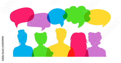 People colorful overlay dialog speech bubble. Flat cartoon style. Group young people students discuss social network, news, social networks, virus. Silhouette speech bubbles. Vector illustration