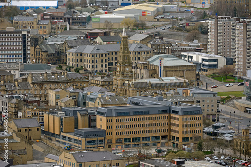 Aerial photo of the famous Piece Hall in the Blackledge area of Halifax in Calderdale in West Yorkshire, England, showing the historic stone build building in the town centre.