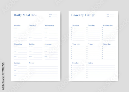 Meal menu schedule planner and shopping grocery list with checklist for print template simple design