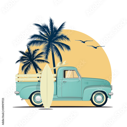 Surfing retro pick up truck with surf boards on sunset with palm silhouettes. Summer vacation or summer party themed vector illustration for flyer or poster or t-shirt design.