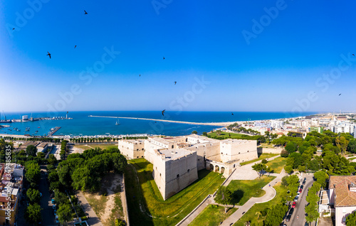 Aerial view, Castello Svevo and Cathedral Basilica of Saint Mary 'Maggiore', Trani region, Barletta,, Apulia, Italy,