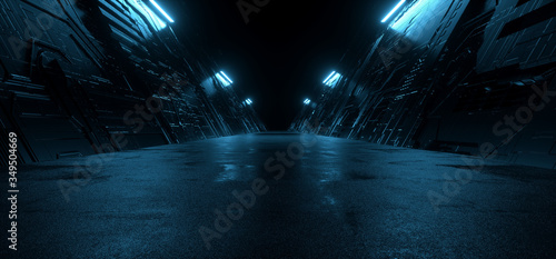 Neon Blue Dark Metal Schematic Textured Alien Spaceship Warehouse Tunnel Corridor Hallway Triangle Shaped Empty Rough Cement Concrete Asphalt Background 3D Rendering