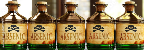 Arsenic can be like a deadly poison - pictured as word Arsenic on toxic bottles to symbolize that Arsenic can be unhealthy for body and mind, 3d illustration