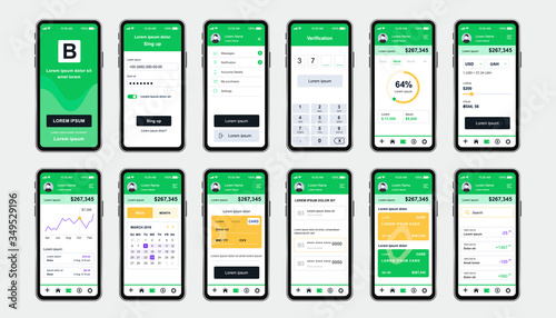 Online banking unique design kit for app. Mobile wallet screens with financial analytics, instruments and services. Financial management UI, UX template set. GUI for responsive mobile application.