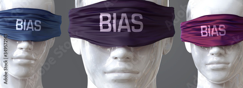 Bias can blind our views and limit perspective - pictured as word Bias on eyes to symbolize that Bias can distort perception of the world, 3d illustration