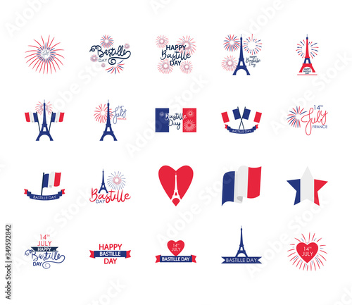 hearts and Happy bastille day icon set, flat style