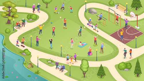 People in city park, sport activity and summer leisure games, isometric vector background. People in public park jogging, playing basketball and tennis, training at workout ground and riding scooters