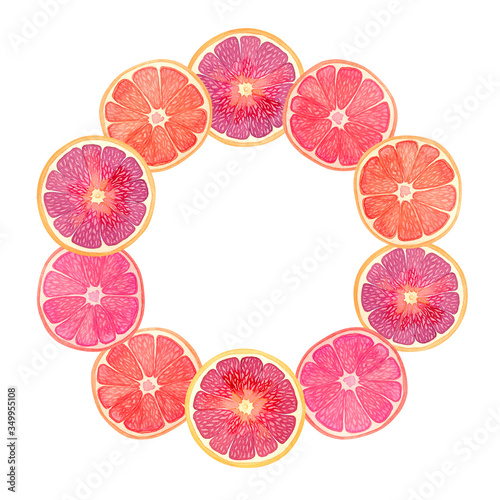 Watercolor grapefruit wreath isolated on white background. Citrus round frame with place for recording. 