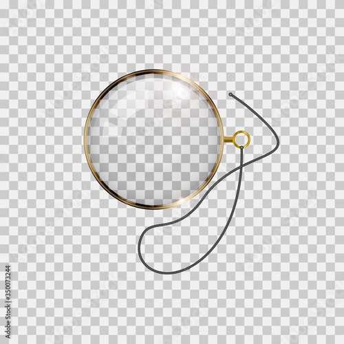Golden monocle with lace isolated on checkered transparent background. Realistic vector illustration.