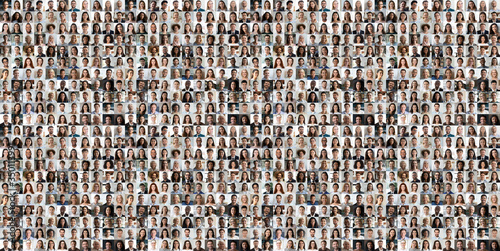 Hundreds of multiracial people crowd portraits headshots collection, collage mosaic. Many lot of multicultural different male and female smiling faces looking at camera. Diversity and society concept.