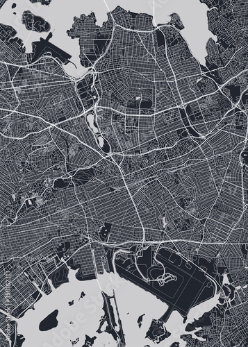 Detailed borough map of Queens New York city, monochrome vector poster or postcard city street plan aerial view