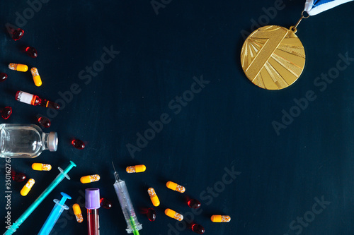 Gold medal and drugs, syringe and Medicine bottle for injection. Doping in sport, black edit space