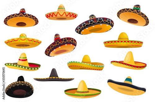 Mexican sombrero hat isolated objects of vector fiesta party and Cinco de Mayo holiday design. Mariachi musician or charro cowboy cartoon sombrero hats, decorated with ethnic ornaments, ball fringes
