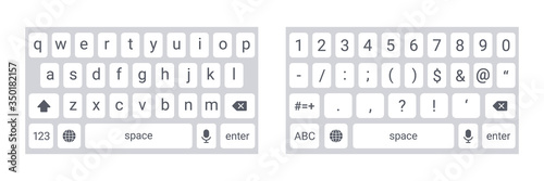 Mobile phone keyboard mockup, qwerty keypad alphabet buttons and numbers in modern flat style, mobile phone tab concept for text app in light mode, vector illustration. Social media panel for devices.