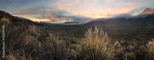 Wide angle panoramic view over the plains of the karoo just outside touwsrivier in the western cape of south africa