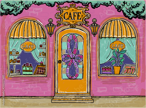 Street cafe graphic sketch, old style