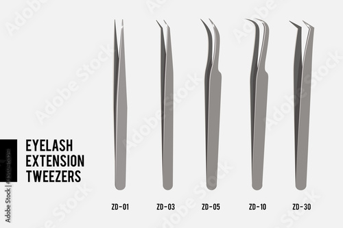 Tweezers for Eyelash extension. Set of Professional tools tweezers. Set of most popular steel tweezers isolated on white background