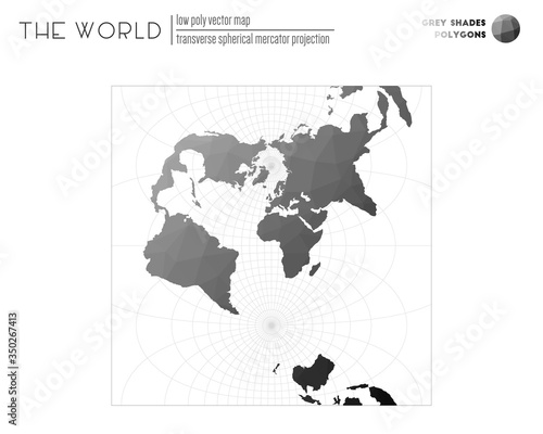 Triangular mesh of the world. Transverse spherical Mercator projection of the world. Grey Shades colored polygons. Elegant vector illustration.