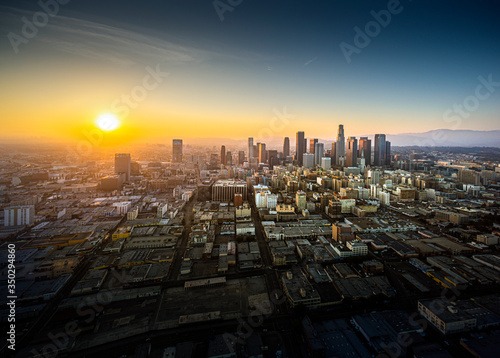 Aerial of Los Angeles skyline at sunset