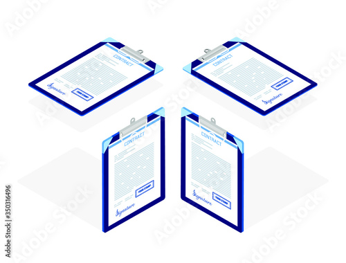 Isometric design. Vector 3d illustration. Concept graphics on white background. Document set for concluding business transactions with partners. Element, icon, web design infographics, site and game.