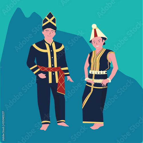 vector illustration of The KAAMATAN (hari kaamatan)festival:man and women KEDAZAN DUSUN dance