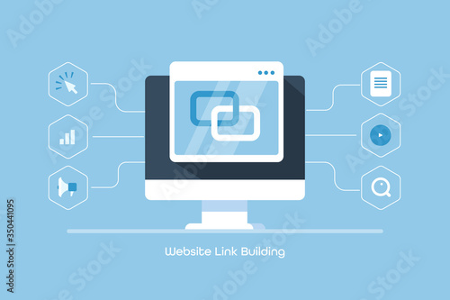 Seo link building - website optimization - digital marketing - backlink creation process. Flat design link building web banner.