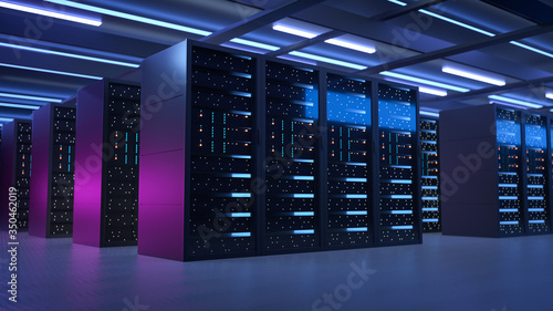 Working Data Center Full of Rack Servers and Supercomputers, Modern Telecommunications, Artificial Intelligence, Supercomputer Technology Concept.3d rendering,conceptual image.