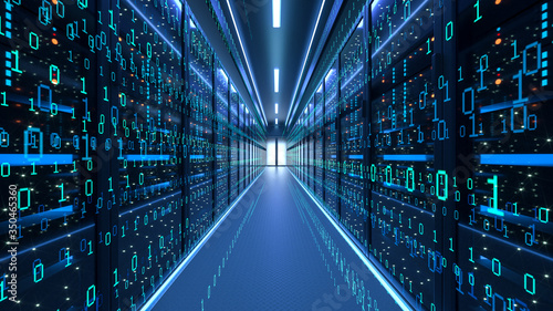 Working Data Center Full of Rack Servers and Supercomputers, Modern Telecommunications, Artificial Intelligence, Supercomputer Technology Concept.3d rendering,conceptual image.