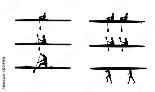 Teamwork kayakers paddling double kayak in competition race vector silhouette isolated. Sport man crew in kayak boat racing. Weekend team building on river. Sport canoe rowing in sprint. Athlete man.