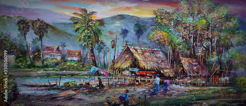oil painting Thailand Countryside Mountain northeast , rural life , rural thailand