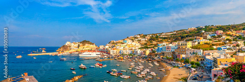 Panoramic view of the harbor and port at Ponza, Lazio, Italy. Ponza is the largest island of the Italian Pontine Islands archipelago.
