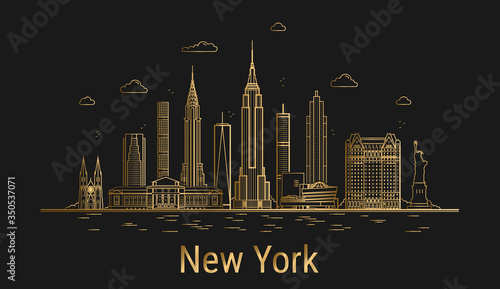 New York city line art, golden architecture vector illustration, skyline city, all famous buildings.
