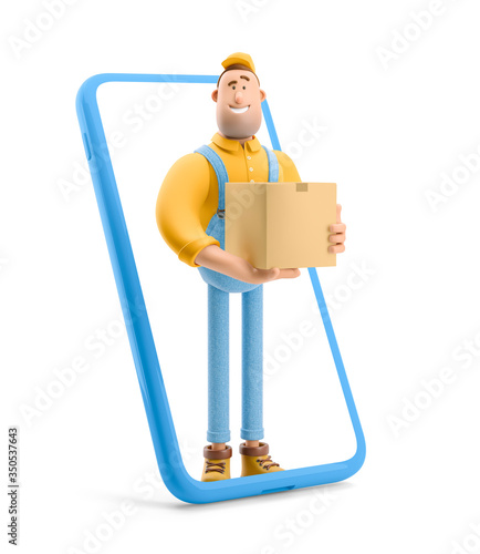 3d illustration. Cartoon character. Deliveryman in overalls standing inside the phone and holds a box with a parcel. Online delivery Concept.