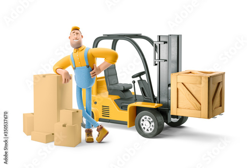 3d illustration. Cartoon character. Deliveryman in overalls standing next to a forklift.