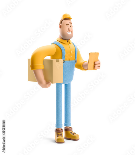 3d illustration. Cartoon character. Deliveryman in overalls holds a box with a parcel and order form in his hands.